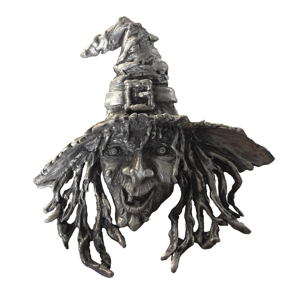 JJ Jonette Jewelry Vintage Halloween Scary Witch Face Pin Brooch 2.75" Statement